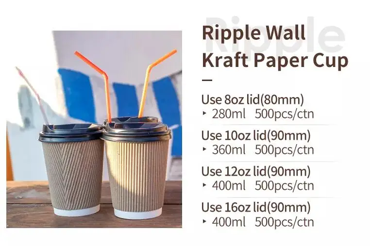 Disposable Coffee Cups - 12oz Ripple Paper Hot Cups - Kraft (90mm