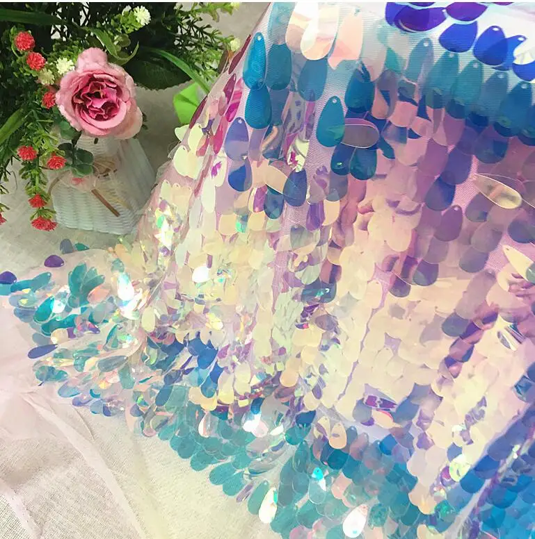 Mermaid Sequin Textile Clothing Material Encrypted 40mm Big Oval Embroidery  40mm Sequin Holographic Fabric Glitter Dress Cloth