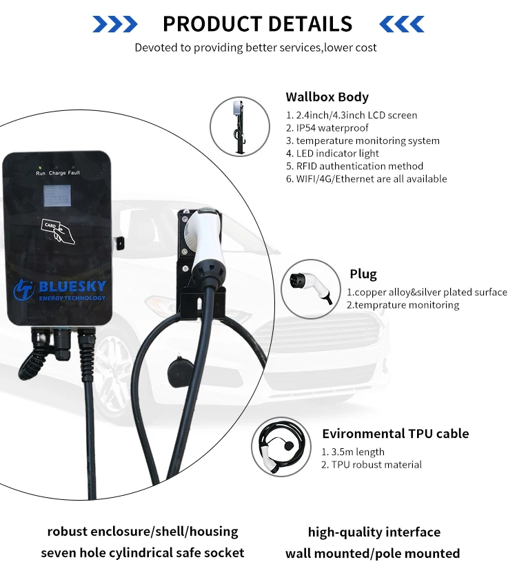 BLUESKY11kw smart home use wallbox with CE certification single phase ocpp 1.6 slow electric ev car charger