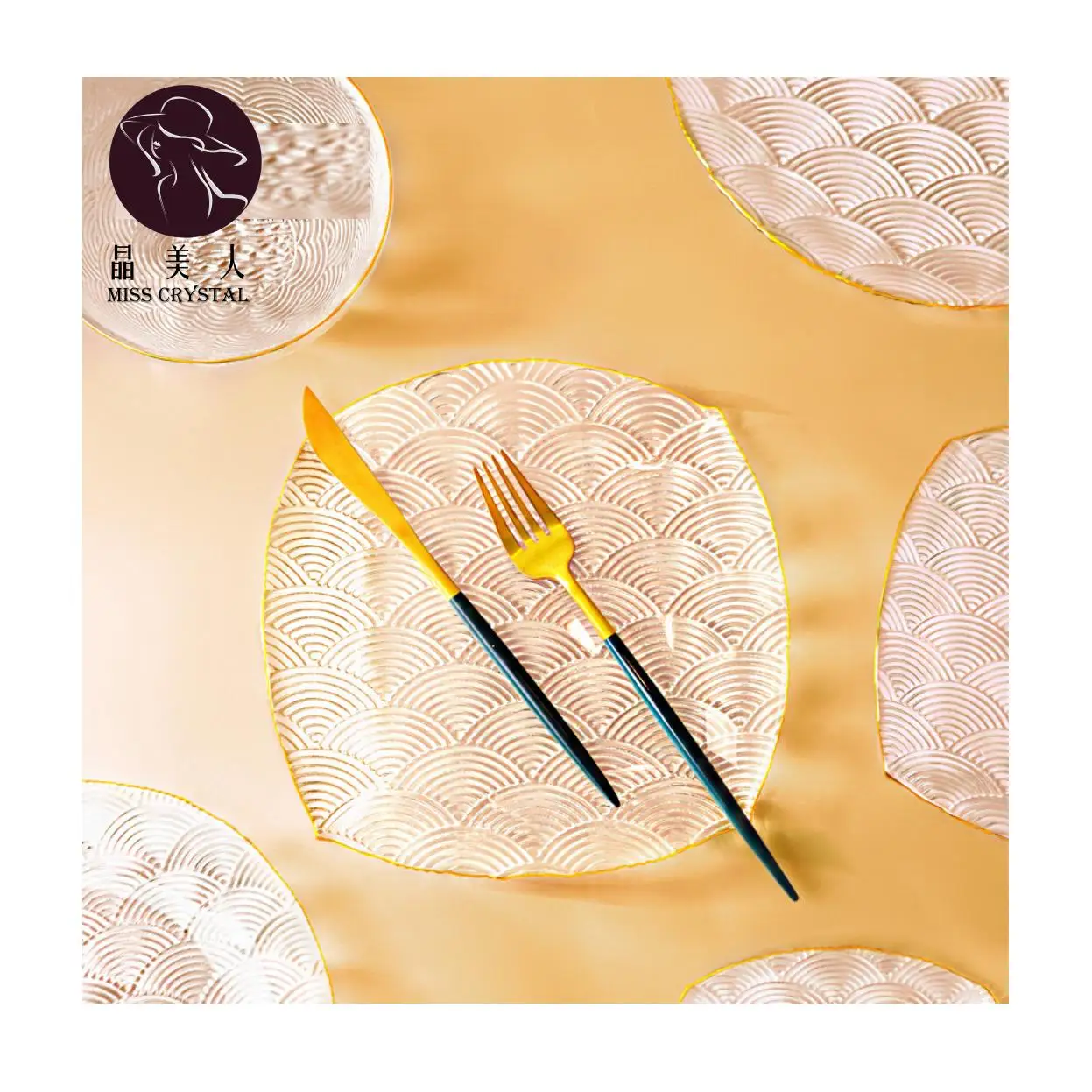 Classical Style Colourful Glass Round Plate with Gold Rim Glass Square Shape Plate for Party