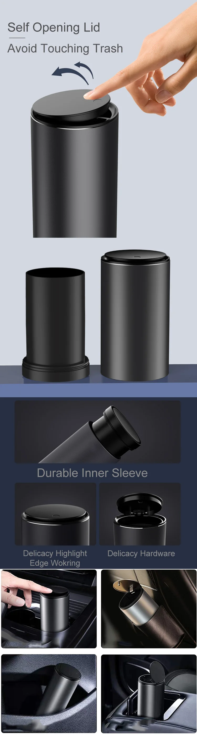 New Design Durable Alloy Aluminum Portable Auto Trash Can Car Rubbish