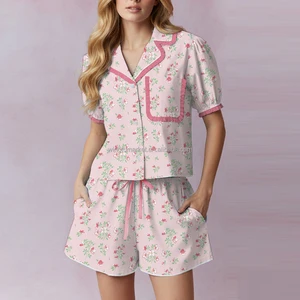 Pink Floral Print Short Sleeve Puff Collar Shirt Pocket Elastic Drawstring Shorts Cute Ruffle Trim Women Loungewear Set