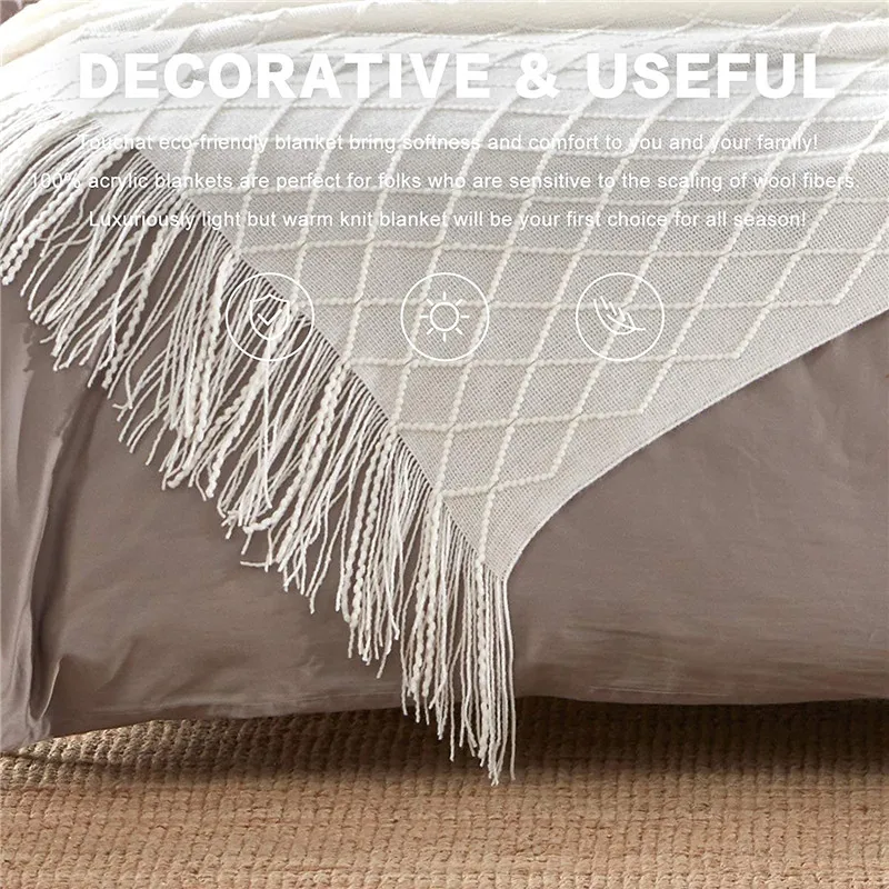 2024 Low Moq White Super Soft Cozy Textured Solid Tassels Decorative Lightweight Acrylic Knitted Couch Throw Blanket