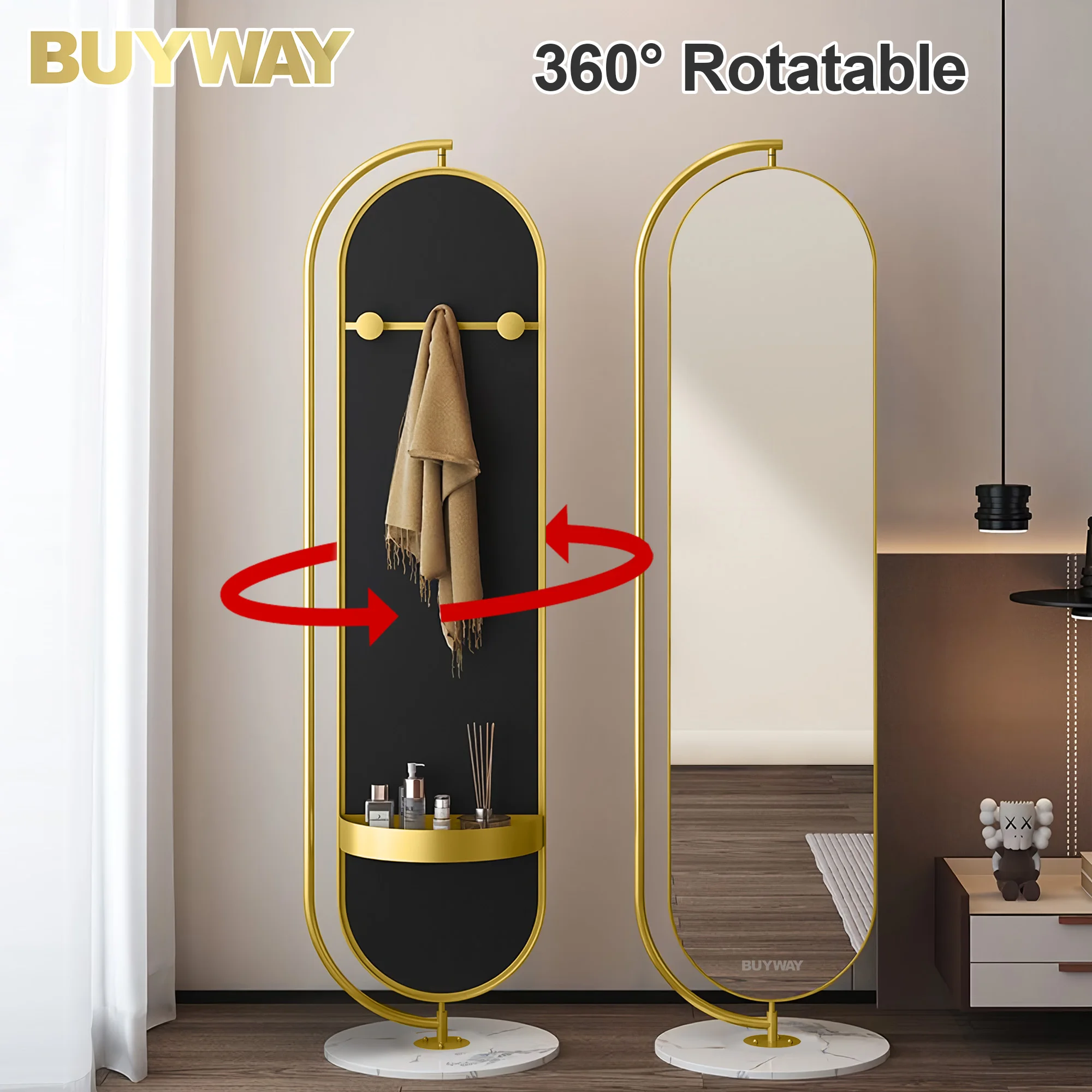 Full Length Floor Standing Mirror With Shelf 360 Degree Rotatable