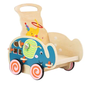 Multi-functional Wooden Baby Walker Elephant Cart with Wheels Trolley Educational Learning Toys for Kids Toddler Boys & Girls