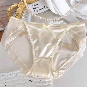 Women's Everyday Romantic Sexy Lace Openwork Breathable Comfort Underwear Satin Fabric Stretch Triangle Bikini Knitted Weaving