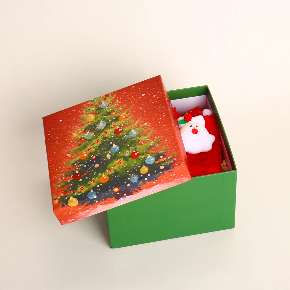Manufacturer Custom Christmas Socks Packaging Rigid Grey Board Paper Gift Square Box for Christmas