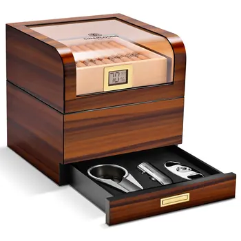 Hot-selling Wooden Humidor for Cigars Box with Drawer for Accessories showcase Glass Top Cigar Humidor Case shelves