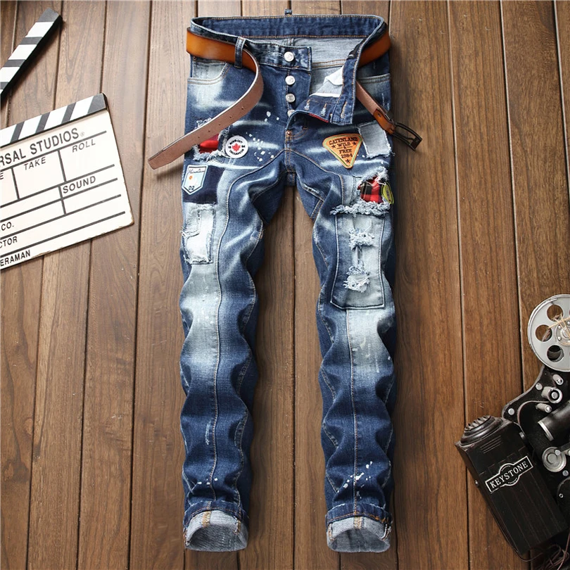Slim Fit Embroidered Badge Ripped Denim 