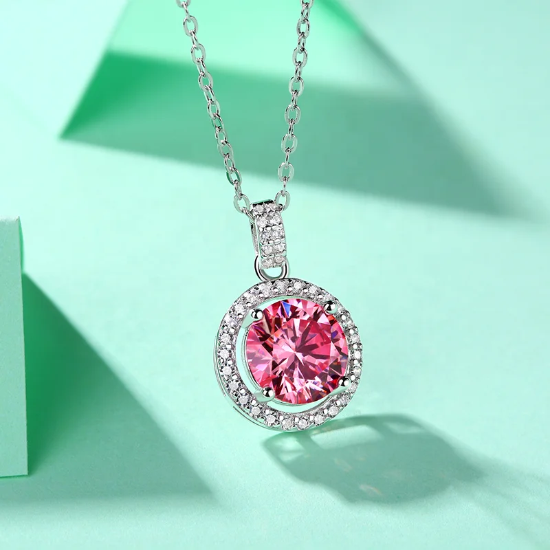 HMOIS fashion jewelry costom moissanite ring silver 3.0ct pink round moissanite diamonds necklace