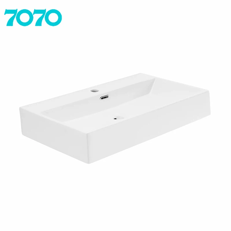 Mini Modern Rectangular Bathroom Vessel Sink Wall-Hung Ceramic Hand Wash Basin with Single-Hole Faucet Mount