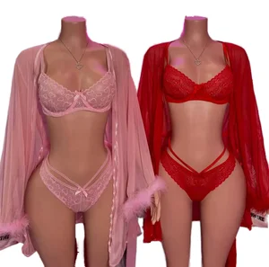 OEM Custom 2026 Women's Sexy Sleepwear Lace Underwear Set 3-Piece Lady Lingerie Bra + Panties + Robes Elastic Waist Closure