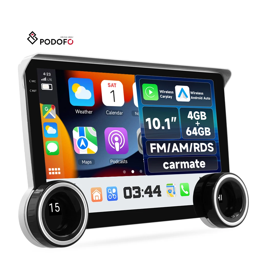 Podofo 10.1'' Universal T133 Car Stereo Radio CarPlay 4+64G Android Auto/Carmate/Lens-hood/GPS/WiFi/BT/FM/AM/RDS/IPS Touch A4365