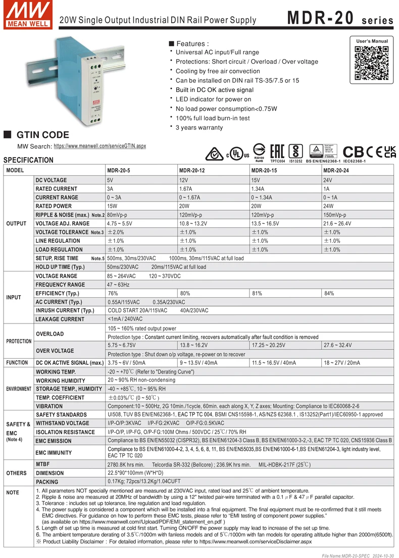 MEAN WELL MDR Series 10W to 100W DIN Rail Mount PSU Low No Load Loss <0.75W for Building Automation and Smart Home