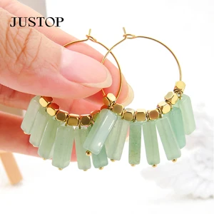 Wholesale Vintage Women's Handmade Natural Stone Green Aventurine Stainless Steel Hoop Earring Jewelry