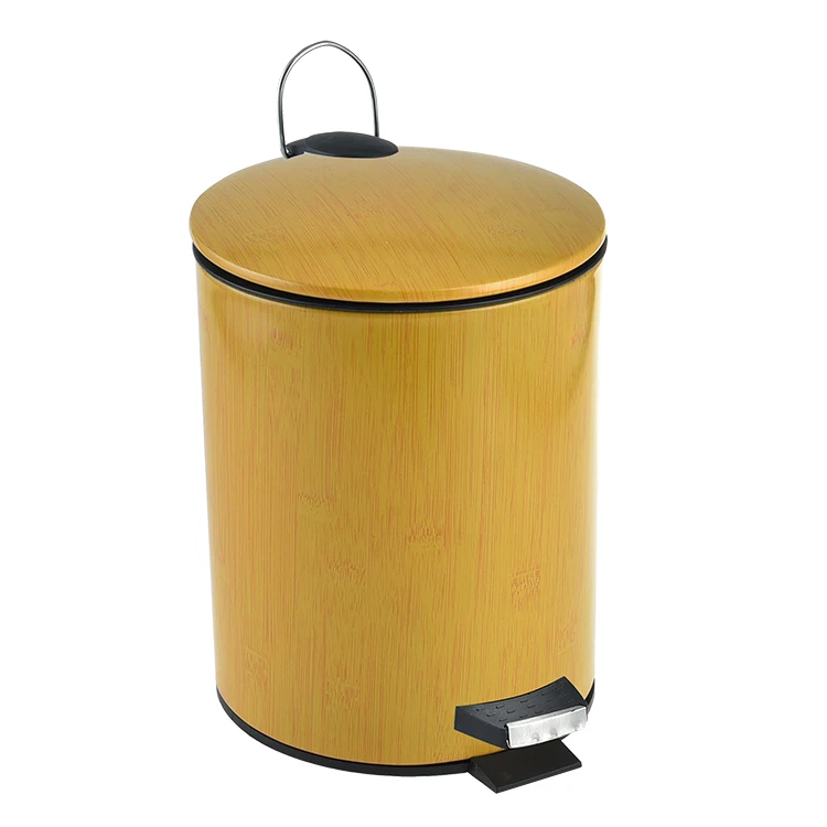 Metal trash can with wood grain step foot pedal kitchen dust bin
