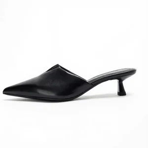 1702-10 Autumn New Pointed Toe Heel Shoes Solid Black Heeled Mules Sandals Closed Toe Sexy Breathable Kitten Slides for Women
