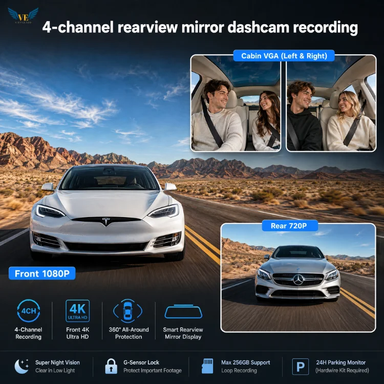 VIEVGUARB HS55 Dash Cam Night Vision G-Sensor Parking Monitor Loop Recording App Control 1080P WiFi 4 Channel Touch Screen