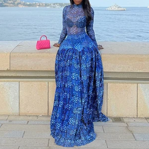 Women Long Sleeve Tie Dye Print Turtleneck Big Swing Midi A-line Long Maxi Dress 2026 Elegant Evening Birthday Party Dresses