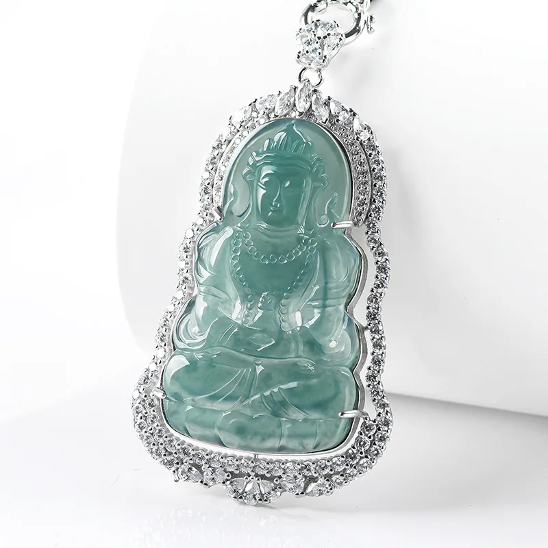 Natural a Grade Jadeite Blue Water Guanyin S925 Silver Luxury Inlaid Ice Jade Pendant for Men and Women Necklace Pendant