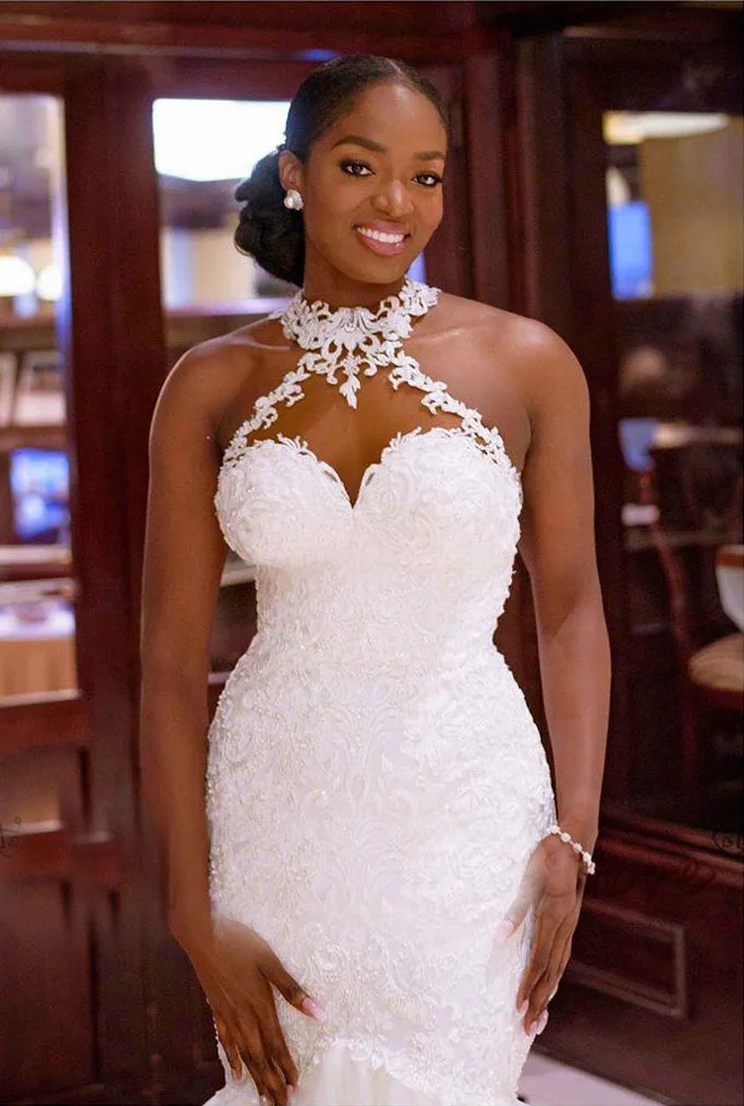 Halter Neck Lace Applique Plus Size Mermaid Wedding Dresses for Black Girls  - Elegant Bridal Gowns in Arab Style, Floor-Length