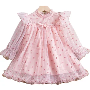 2022 Elegant Spring Autumn Lace Long Ruffle Sleeve a Line Princess Children Dress Birthday Polka Dot Tulle Tutu Girls Dresses