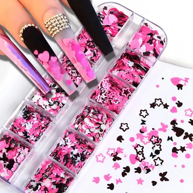 12Grid/Box Love Sequins Nail Art Decoration Accessories Pink Black White Mixed Flake Heart Manicure Supplies For DIY Gel Nails
