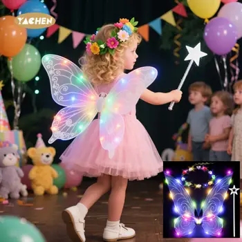 Yachen 3pcs Light up Fairy Wings for Adults LED Butterfly Wings for Girls Angel Wings Halloween Costume Dress up for Kids