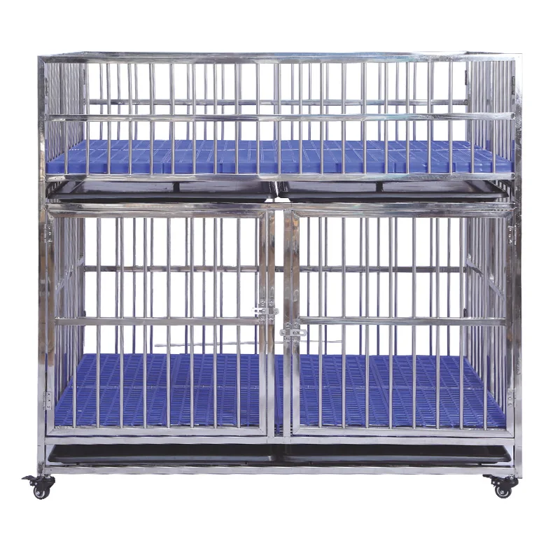 2-Door Stainless Steel Dog Crate with Plastic Tray Folding Pet Cage Featuring Solid Pattern