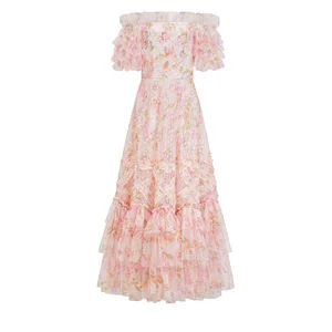 Formal Party Evening Long Dress 2026 Spring Women Sexy Slash Neck Sweetheart Patterns Short Sleeve Black Apricot Mesh Maxi Dress