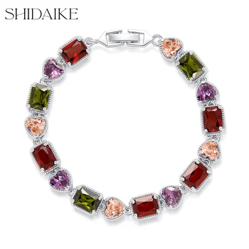 Colorful 18K Gold Plated Faceted Gemstone Set Trendy Fashion Bracelets/Bangles with Zircon Brass/Copper Material Jewelry Gifts