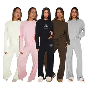 Custom Logo Spring Autumn Women Solid Color Crew Neck Rib Pullover Loose Casual Wide Leg 2-Piece Set Womens 2 Piece Sweatsuits