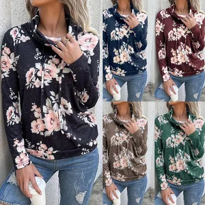 Women's Autumn/Winter New Long Sleeve Floral Printed Waterproof Breathable High Neck Pullover Sweatshirt Hoodie