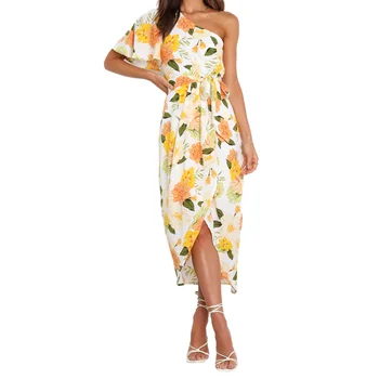 New Design Summer Floral Elegant Women Dresses 100%Polyester One Shoulder A Line Dress