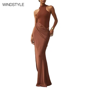 OEM/ODM Women's Slim Fit Sleeveless Satin Dress Daily Fashion Hollow Long Floor-Length Spliced Dress Breathable and Comfortable