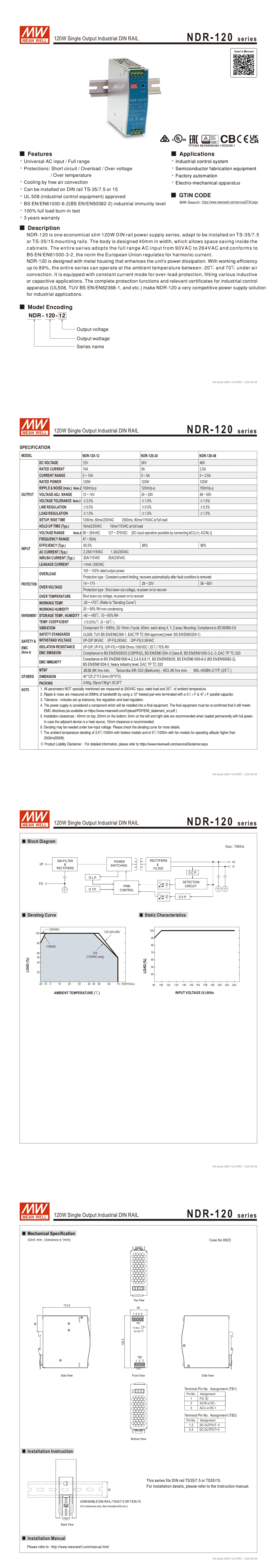 Mean Well NDR-75/120/240/480 12V 24V 48V Din Rail Power Supply 75W 120W 240W 480W 5A 10A 20A Meanwell Switching Power Supply