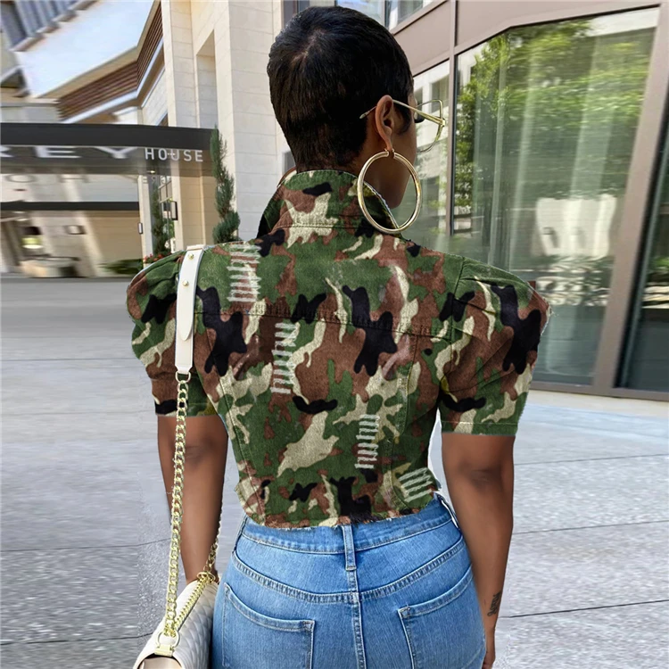 1041321 Fashionable Women Clothes 2021 Short  Sleeve Coat Camouflage Short Denim Jacket