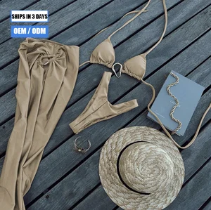 2026 Custom Logo Brazilian Bikini Set Beachwear Sexy Three-Piece Micro Bikini Women's Swimsuit with Skirt