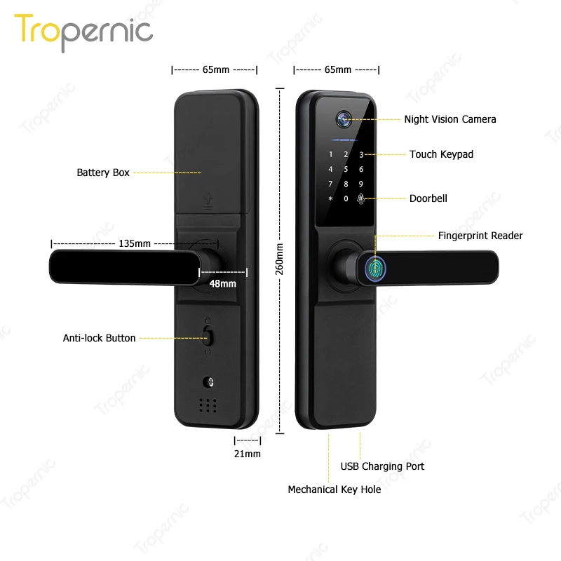 Tropernic Wholesale Price Digital Code Smart App Fingerprint Tuya Smart Camera Door Lock