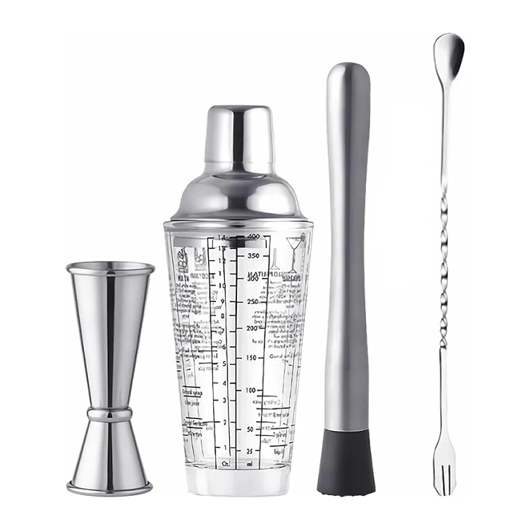 400ML  Mixer Bottle Shaker Cup Drinking Mixer Factory Price Customized Color Stainless Steel 304 Glass Silver Bar Set Shaker