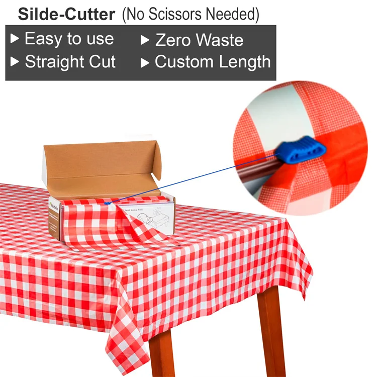 Custom Red Checkered Disposable Plastic Tablecloth Roll with Slide Cutter Plus 6 Metal Table Cover Clips for Any Size Shape