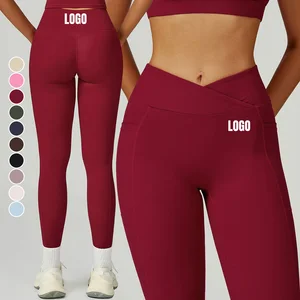Custom Logo High Waisted Yoga Leggings Solid Color Workout Tights 4-Way Stretch Naked Feeling Sports Fitness Pants with Pockets