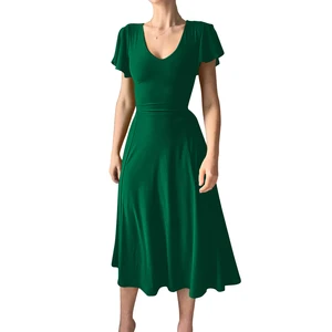 Custom Lady Womens Clothing U Collar Ruffles Sleeve Slim Pleated Casual Long Dress for Party