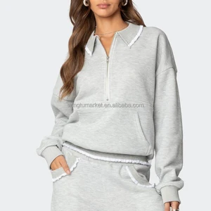 Wholesale American Style Grey 1/4 Zip Hoodie White Ruffle Lace Trim Collar Women Pullover