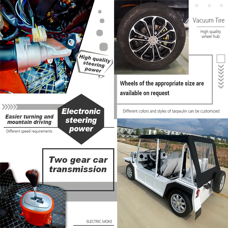 Classic Off-Road Tire Electric Mini Moke for Car Beach & Sightseeing Vehicle 96V 10KW 4 Passengers Customized Color
