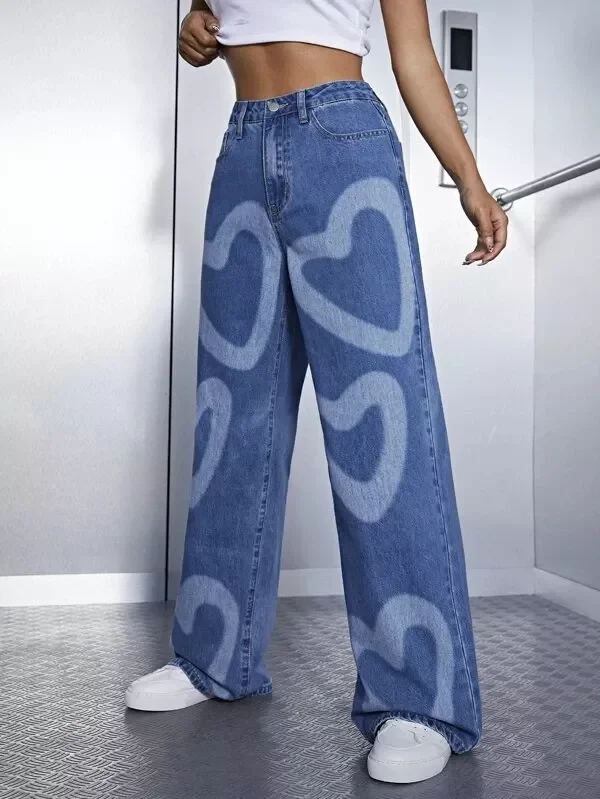 High Waist Heart Print Washed Wide Leg Jeans Vintage Jeans High Quality Loose Straight Jeans