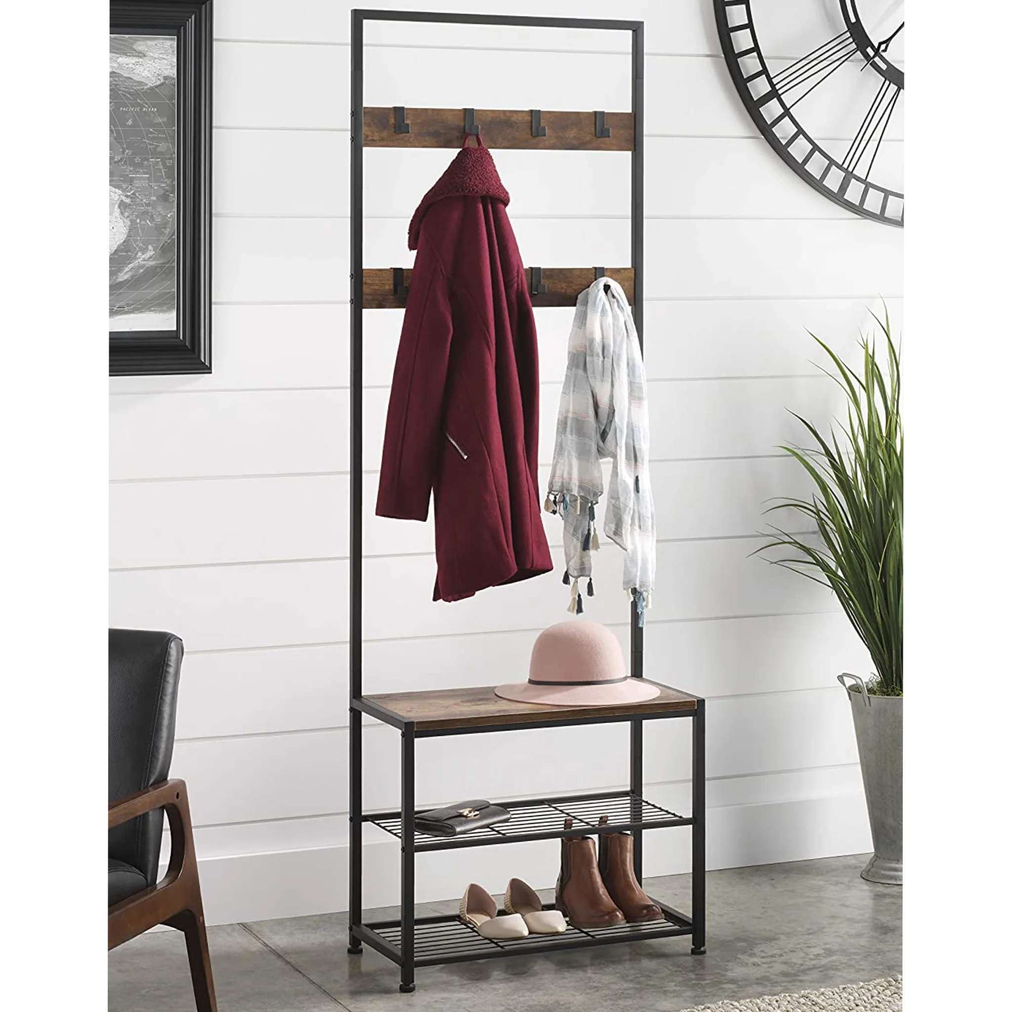 Современная башня/скамейка для прихожей В индустриальном стиле с деревянными полками для обуви, вешалки для пальто, стоячие мебельные стойки для гостиной
