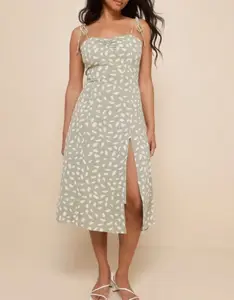 Green Summer Casual Dresses Off Shoulder Ruffles Belt Suspender Floral Print Natural Waistline Knee-Length Design