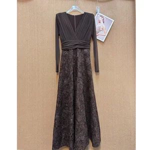 Factory Wholesale Sexy V-neck Long Sleeve Lace Stitching Pleated Hip Empire Long Dress European American Women's Spring Autumn