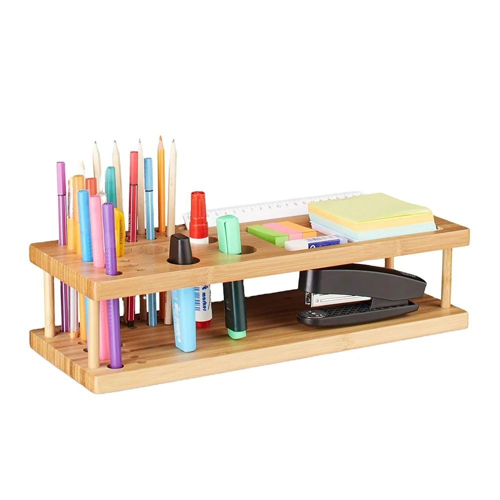 Двухслойный держатель для ручек из 100% натурального бамбука. Настольный Органайзер из бамбука для 25 ручек. Стойка для канцелярских принадлежностей.